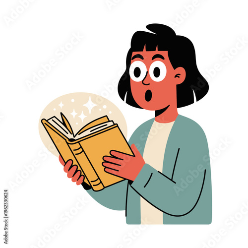 Surprised Woman Reading Book with Sparkles
