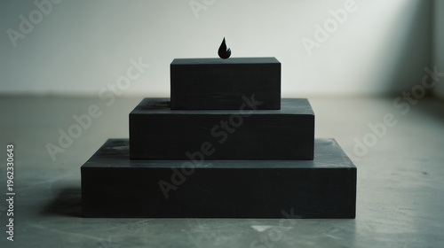 Black droplet of oil hovering above stepped pedestal, minimal dark still life in soft light