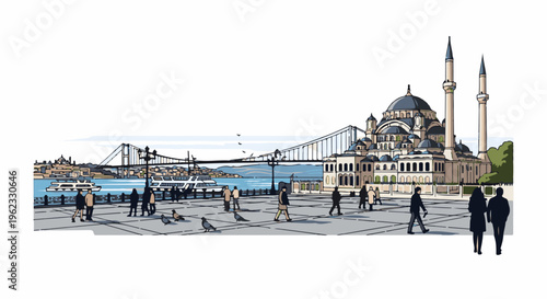 Cityscape with mosque, bridge, boats, and people walking on pavement