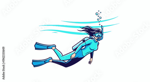 Cartoon woman wearing scuba gear swims underwater with bubbles rising