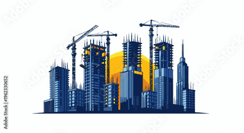 Cityscape with skyscrapers under construction, cranes, and a setting sun