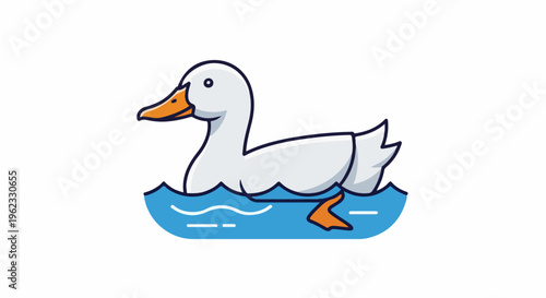 Cartoon white duck floats peacefully in blue water with orange feet showing