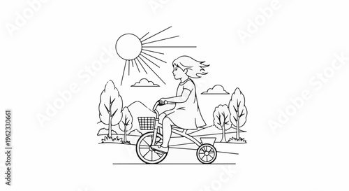 Child cycles on a sunny day through a park with trees and clouds