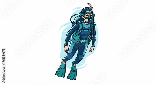 Cartoon woman in scuba gear, swimming underwater with fins