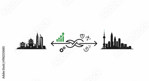 Cityscapes flank graphic with growth, gears, and abstract symbols