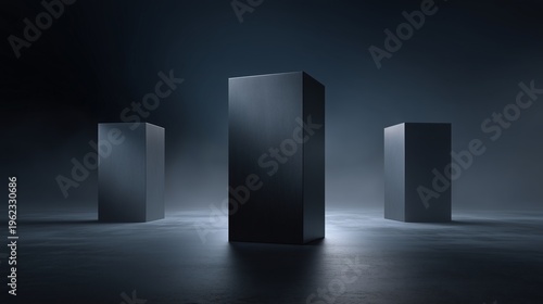 Three black pedestal blocks on dark background with dramatic spotlights