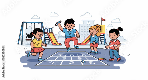 Children playing hopscotch on a playground, with swings and slides