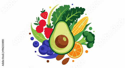 Colorful assortment of healthy fruits and vegetables arranged in a circular pattern