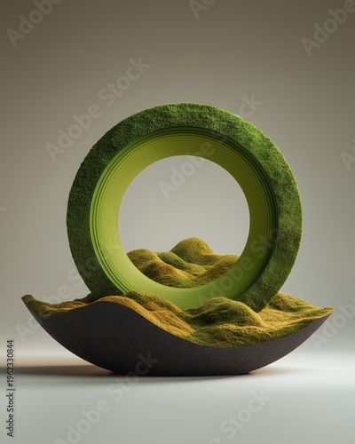 Sustainability concept through a green ring framing rolling moss hills in soft light