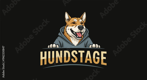 Cartoon dog wearing hoodie peeking over a sign with text