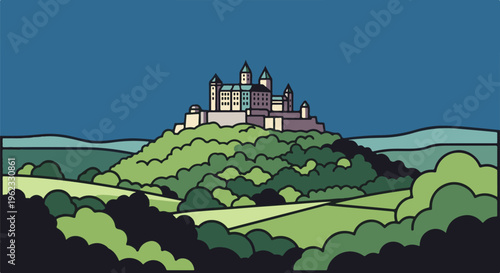 Castle atop a lush green hill under a dark blue sky, surrounded by rolling fields