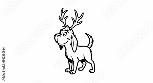 Cartoon dog with antlers and a happy expression