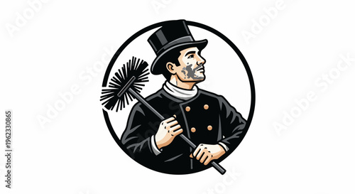 Chimney sweep with brush and top hat, looking upwards
