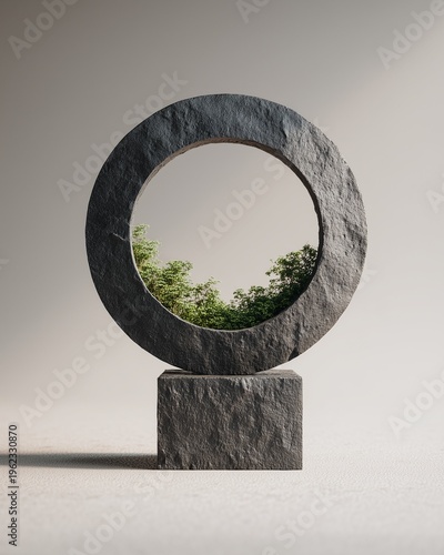 Stone ring sculpture on pedestal framing greenery, minimal abstract nature composition