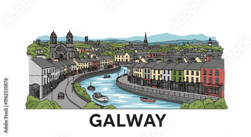 Colorful buildings line a winding river with boats, leading to a grand church and distant hills