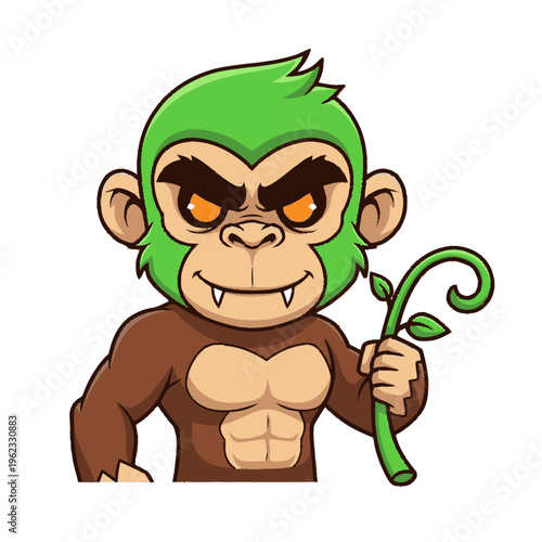 Cartoon Gorilla Character Holding Green Stem.