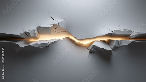 Breakthrough concept through a fractured wall surface with warm light emerging