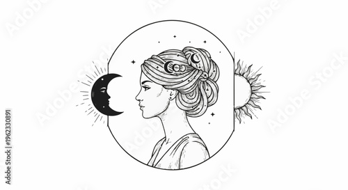 Celestial portrait of a woman with moon and sun emblems