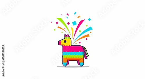 Colorful cartoon donkey piñata bursting with confetti and streamers