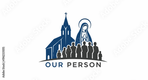 Church, silhouette figures, and religious figure under halo