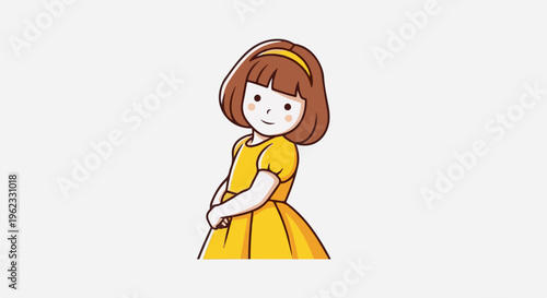 Cartoon girl in a yellow dress, shyly looking