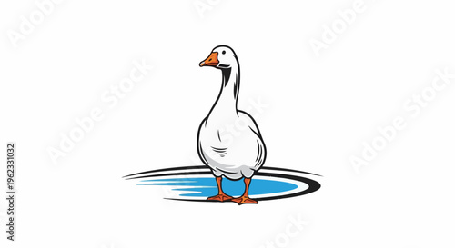 Cartoon goose standing in stylized water with black outline