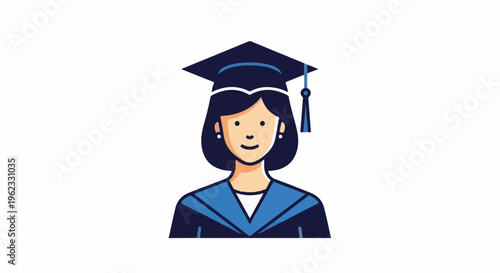 Cartoon graduation girl in academic cap and gown, celebrating achievement