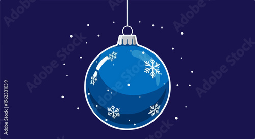 Blue ornament with snowflakes hanging on dark background