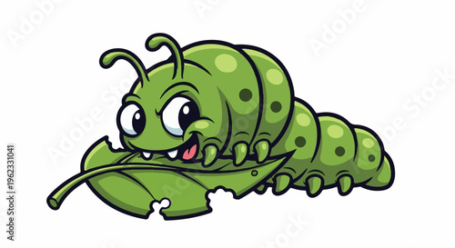 Cartoon green caterpillar eating a large leaf