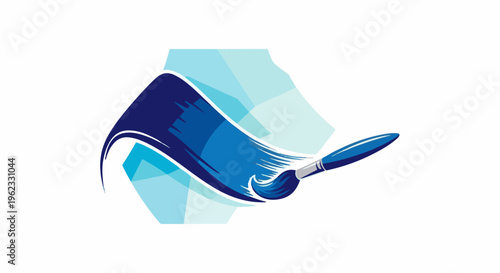 Blue paintbrush creates abstract blue streaks against geometric shapes