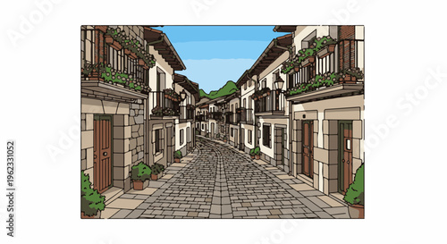 Charming cobblestone street lined with village houses and potted plants