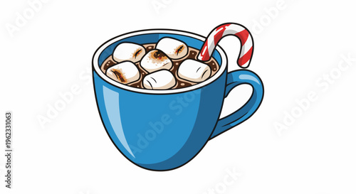 Blue mug filled with hot chocolate, marshmallows, and candy cane