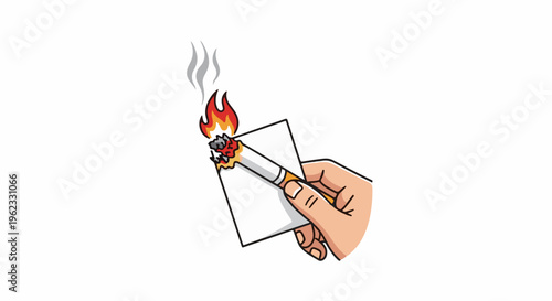 Cartoon hand holding a lit cigarette burning a small white square