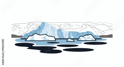 Blue icebergs float in dark water against a backdrop of icy mountains