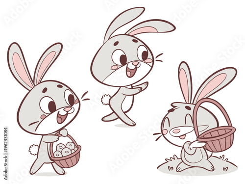 A vector illustration of three cute cartoon bunnies with baskets for Easter or spring