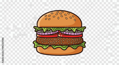 Cartoon hamburger with lettuce, tomato, onion, and patty