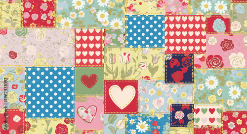 Charming fabric patchwork with floral patterns and hearts