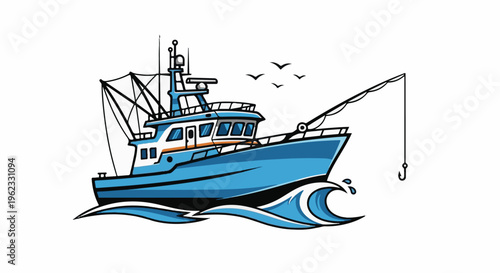 Blue fishing boat with a rod and hook, sails the ocean waves