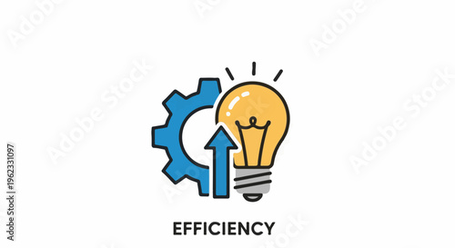 Blue gear, arrow pointing up, and a glowing lightbulb symbolize innovation and progress