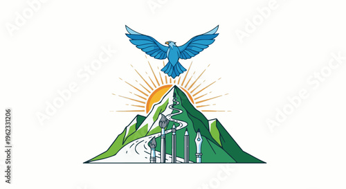 Blue bird soars above green mountain with sun and art tools