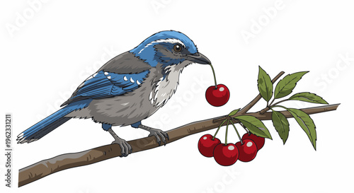 Blue bird perched on branch holding ripe cherry in beak