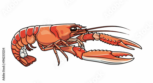 Cartoon illustration of a bright orange crustacean with large claws and segmented tail