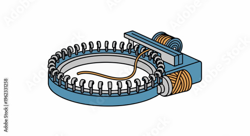 Circular knitting machine with yarn spools and a strand of yarn