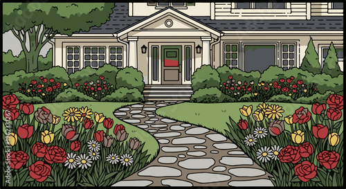 Cartoon illustration of a charming house entrance with a winding stone path and vibrant flower beds