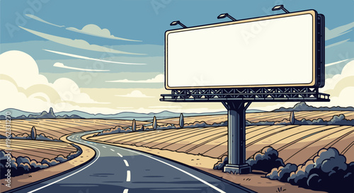 Blank billboard stands over a winding road through vast farmlands under sky