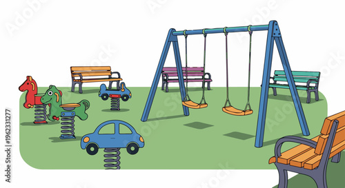 Cartoon playground with swings, spring riders, and benches on grass