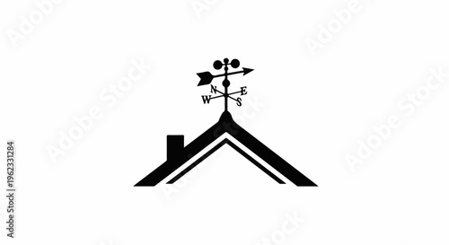 Black silhouette of a roof with a weather vane indicating wind direction on a white background