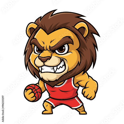 Cartoon Lion Playing Basketball with Angry Expression.