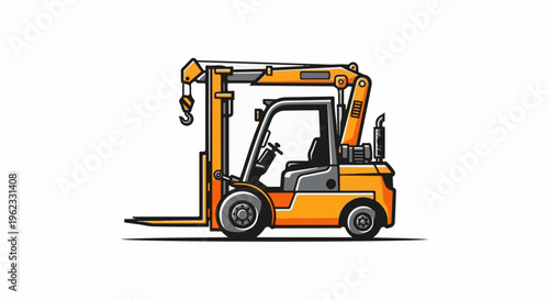 Cartoon illustration of an orange forklift with a crane attachment