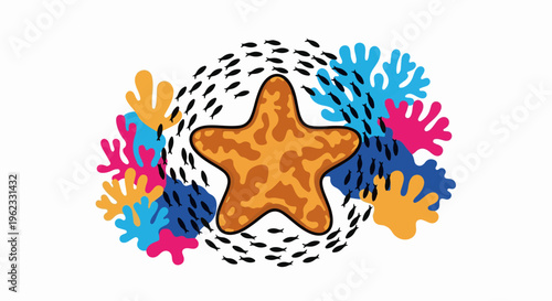 Bright coral reef with a central starfish and schools of fish